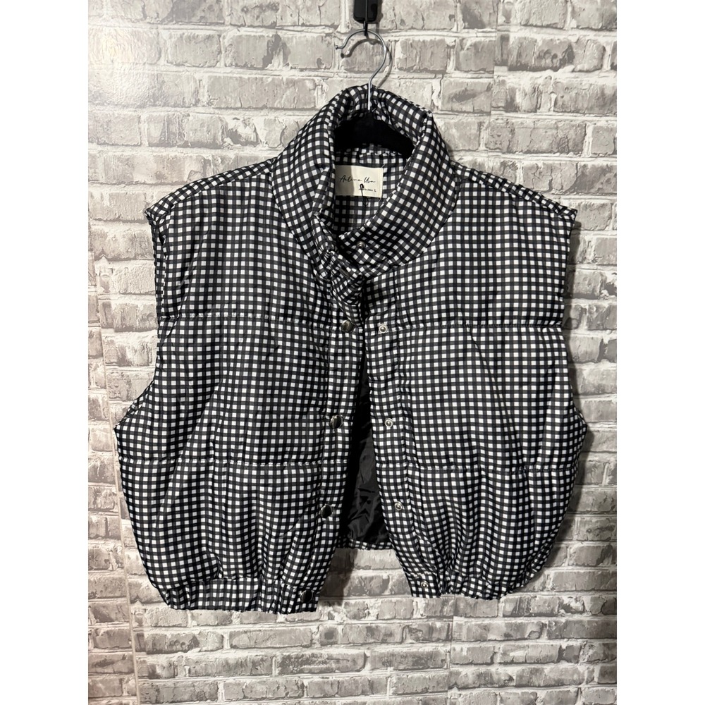 Active USA Womens Black White Gingham Plaid Cropped Puffer Vest Large